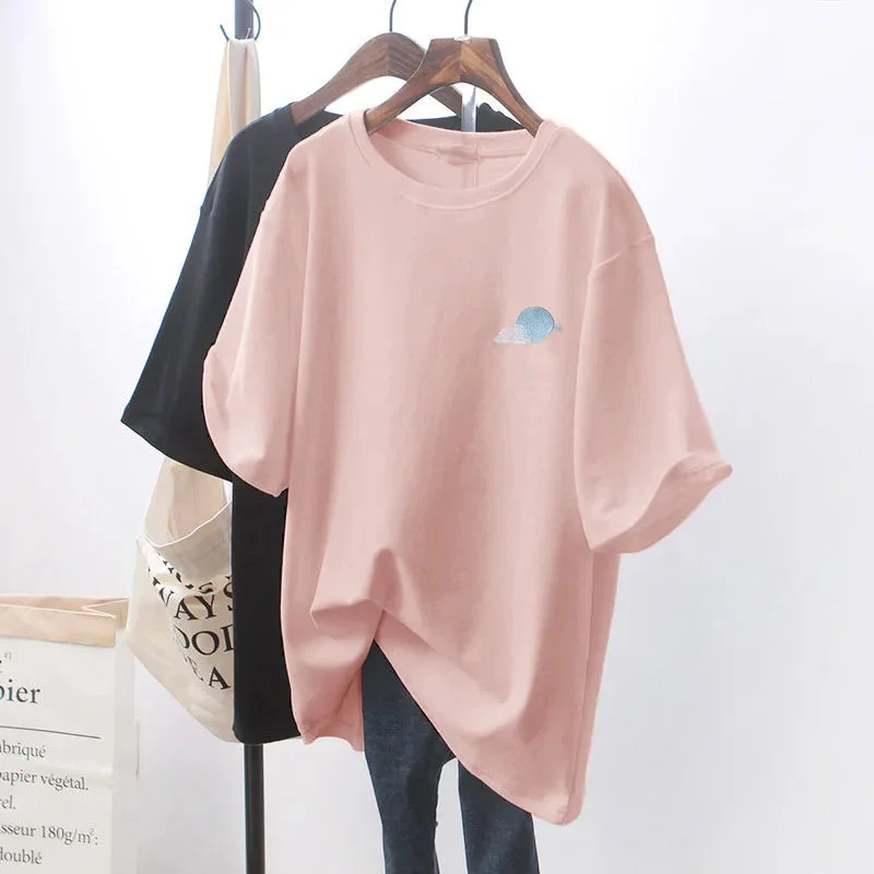 Tlbang Sleeve T Shirt For Women Summer O-Neck Embroidery Solid Color Tops Tee Female Casual Loose Shirts BF Style