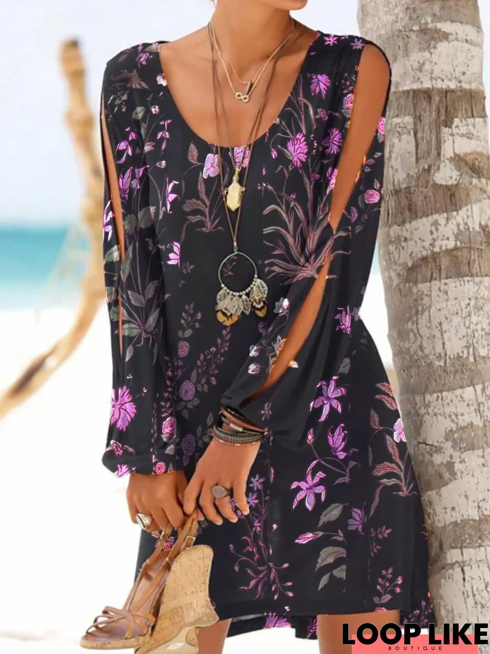 Polyester Cotton Holiday Floral-Print Weaving Dress