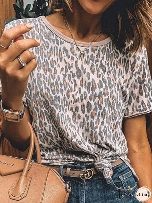 Leopard Print Loose Fit Short Sleeve T-Shirt For Women