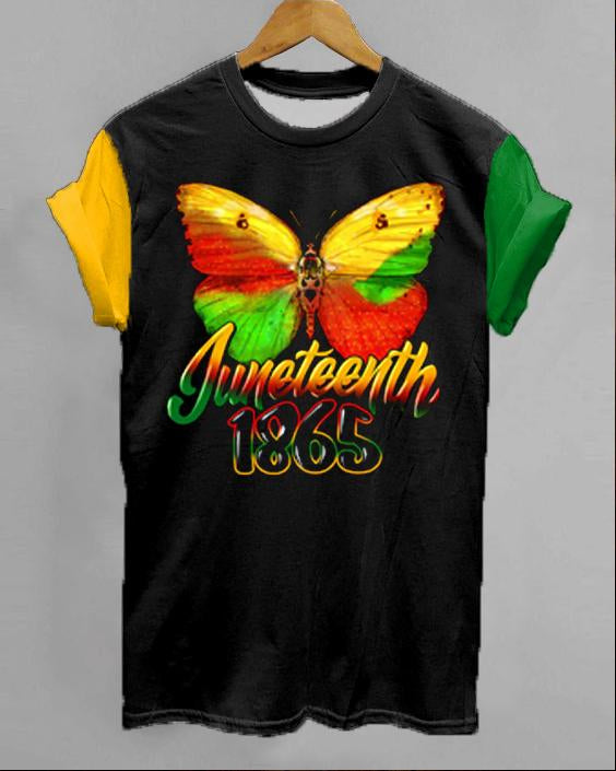 Black Juneteenth Butterfly Contrast Print Crew Neck T-shirt