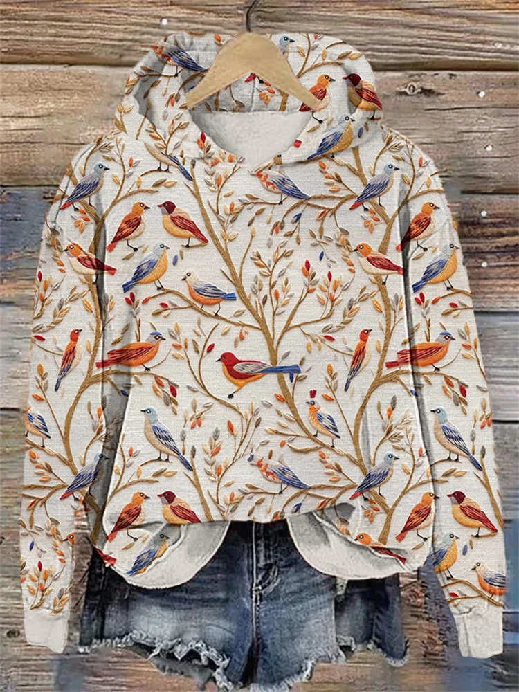 Comstylish Cute Birds Embroidery Art Casual Cozy Hoodie