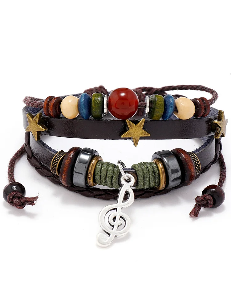 Musical Note Charm Leather Woven Bracelet