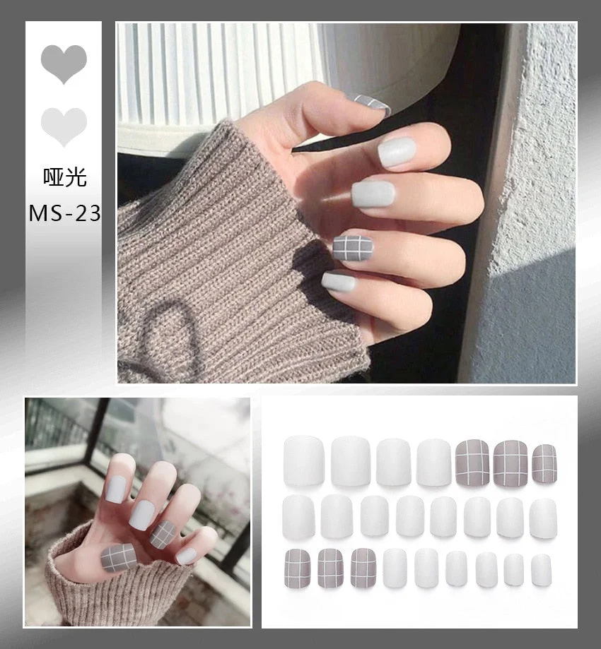 24pcs Matte False Nail Press On Nail With Glue Round Graffiti Fake Nail Manicure Nail Art Decoration  Nail Art Tools-Nail Inspo