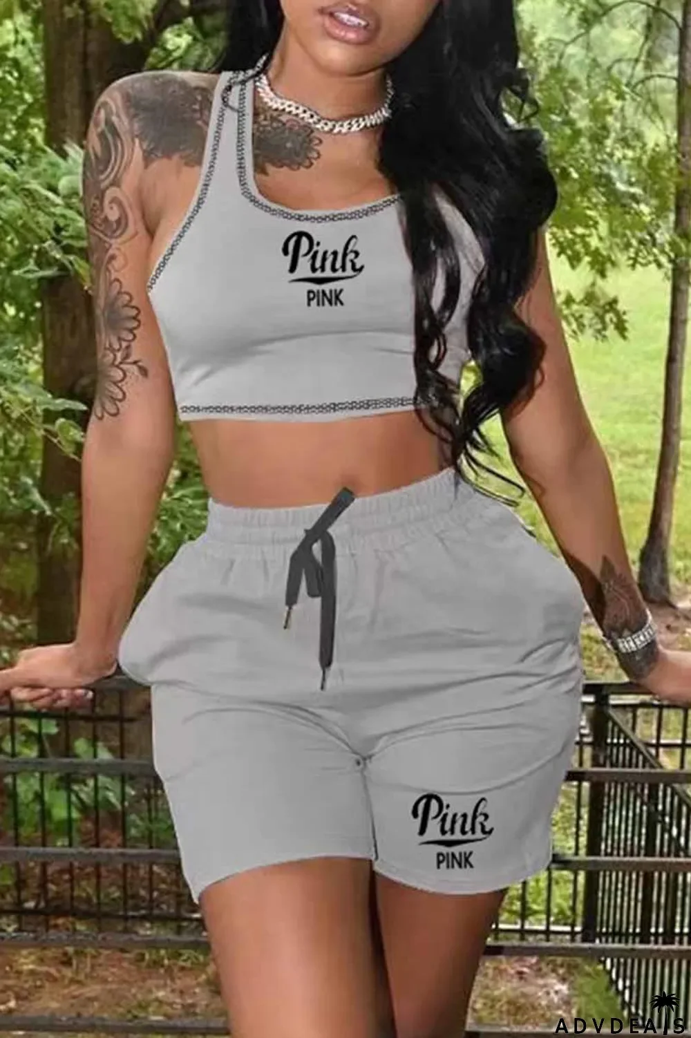 Blue Casual Print Letter U Neck Sleeveless Two Pieces