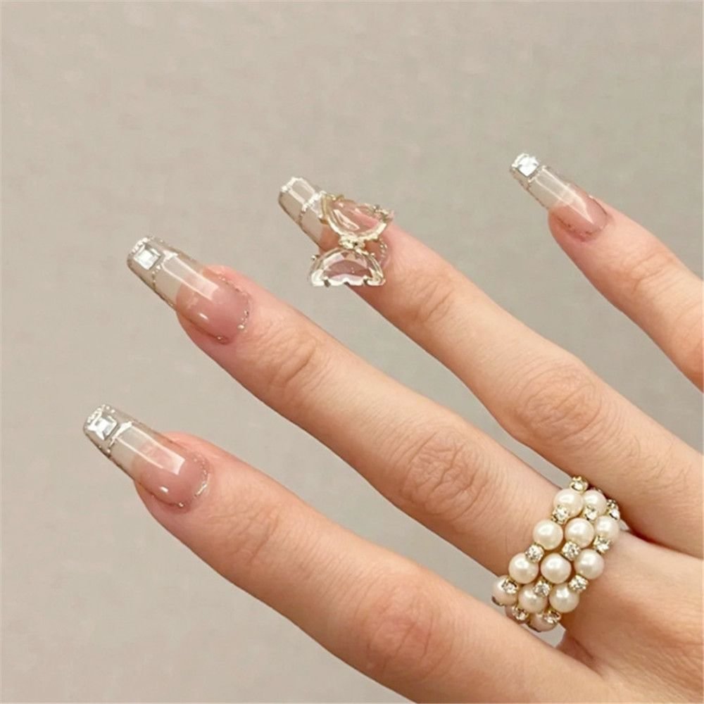 24pcs Butterfly decorated false nails Removable Long Paragraph Fashion Manicure fake nail tips full cover acrylic for girls