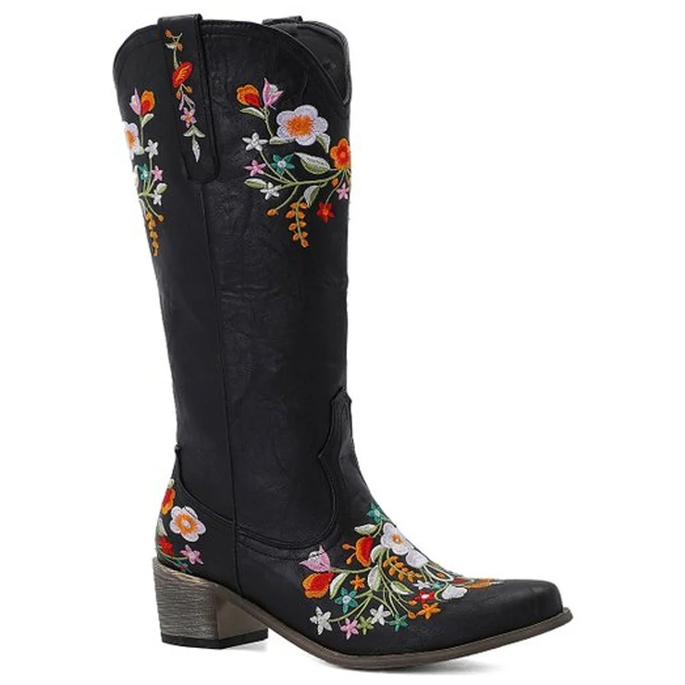 Qengg Top Quality Brand Design Pointed Toe Floral Embroidery Chunky Heel Mid Calf Western Boots Vintage Riding Boots