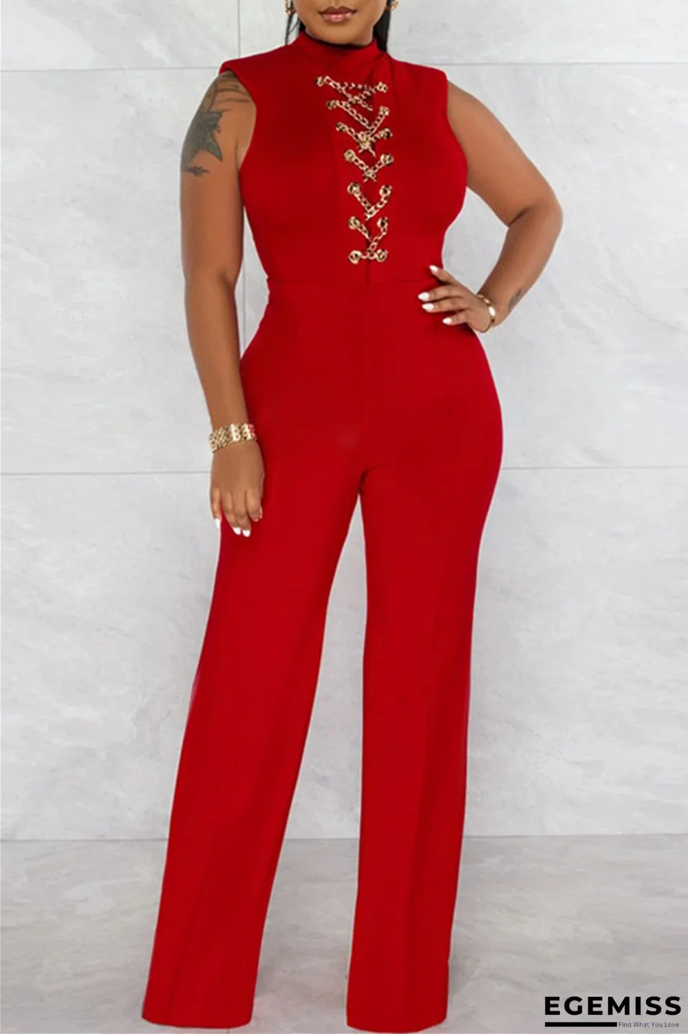 Red Fashion Casual Solid Patchwork Half A Turtleneck Regular Jumpsuits | EGEMISS