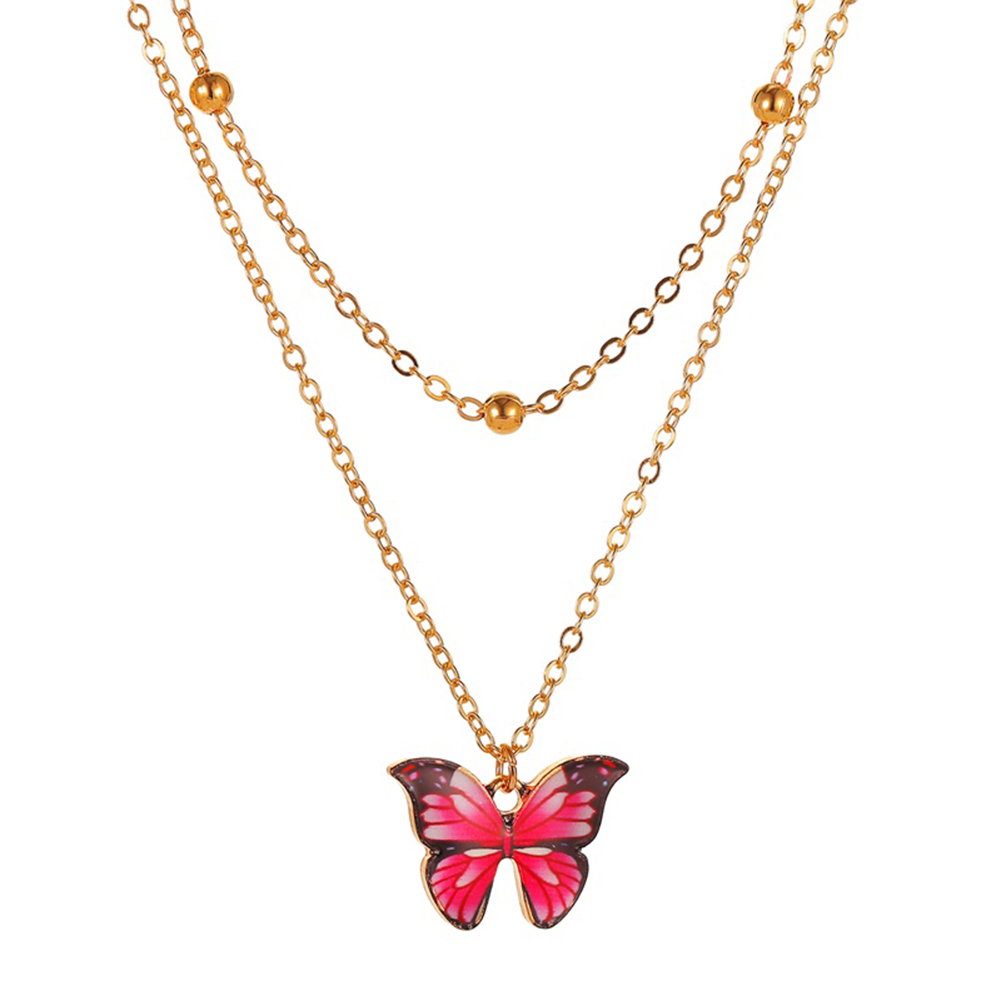 

Butterfly Beads Necklace Double Layer Women Pendant Clavicle Chain, Pink, 501 Original