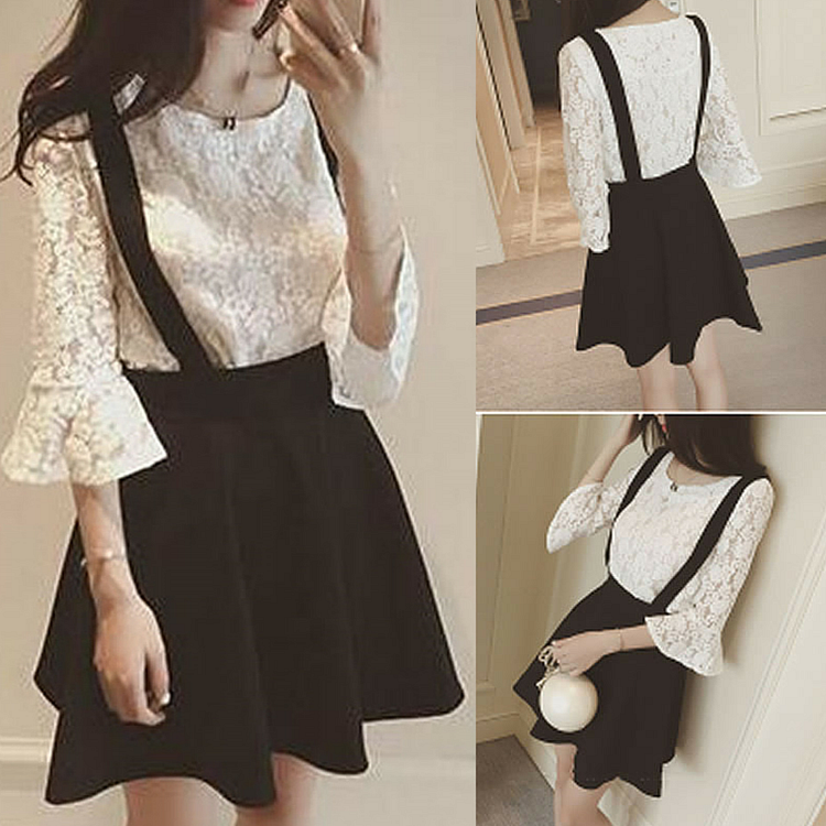 S-XL White/Black Elegant Two-Piece Top/Suspender Skirt SP166112