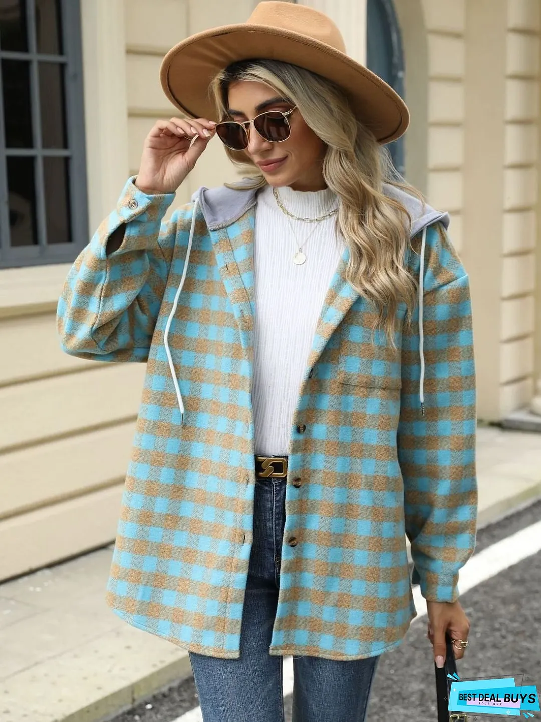Drawstring Plaid Long Sleeve Hooded Jacket