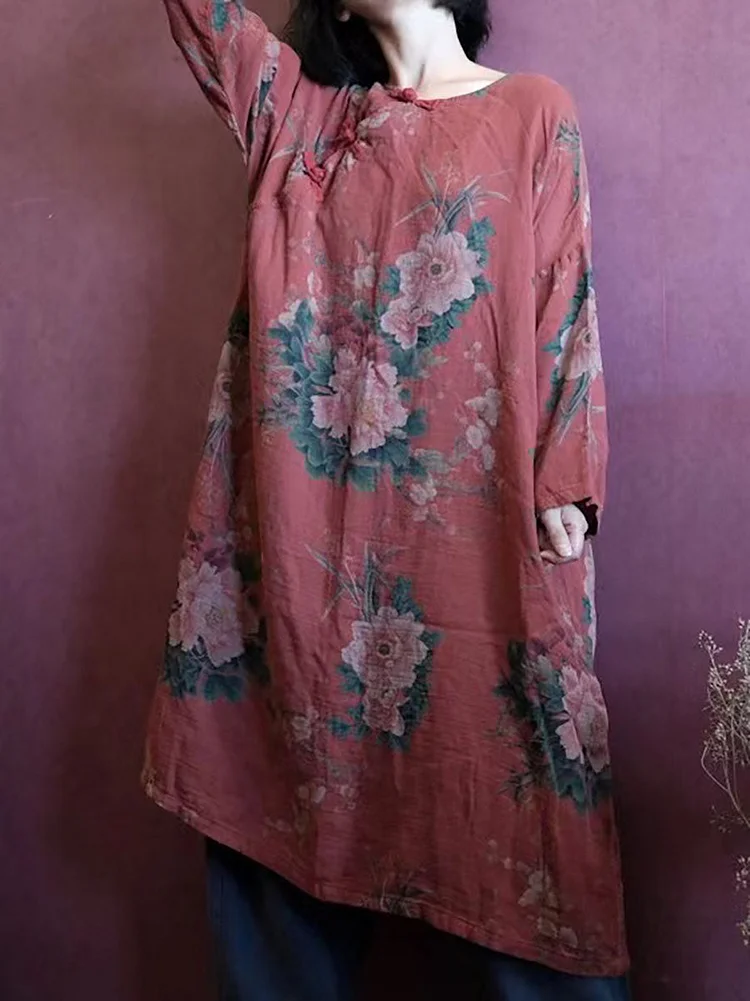 Plus-Size Cotton Vintage Print Causal Women Dress