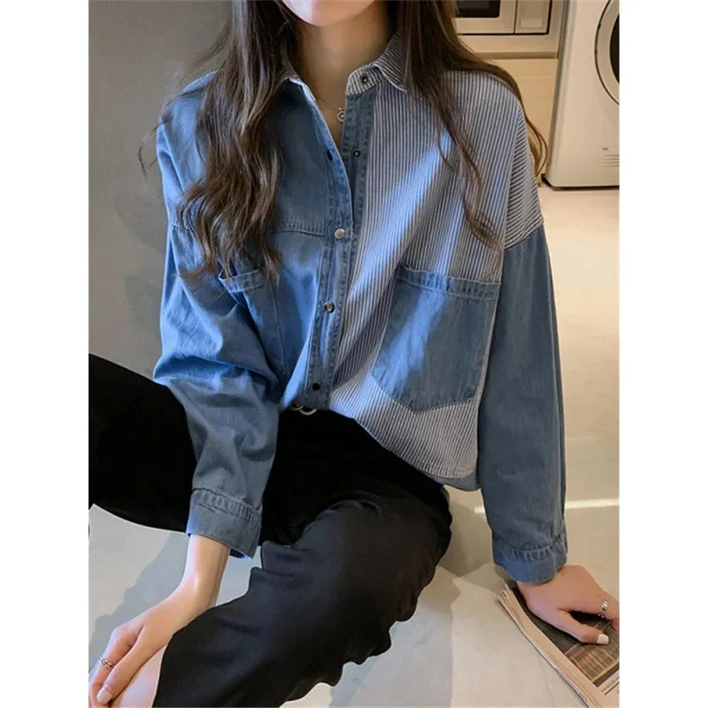 Oocharger Women's Denim Shirt Long Sleeve Cotton Fashion Shirts Casual Korean Loose Blouse 2024 Spring Autumn Blouses And Tops Female