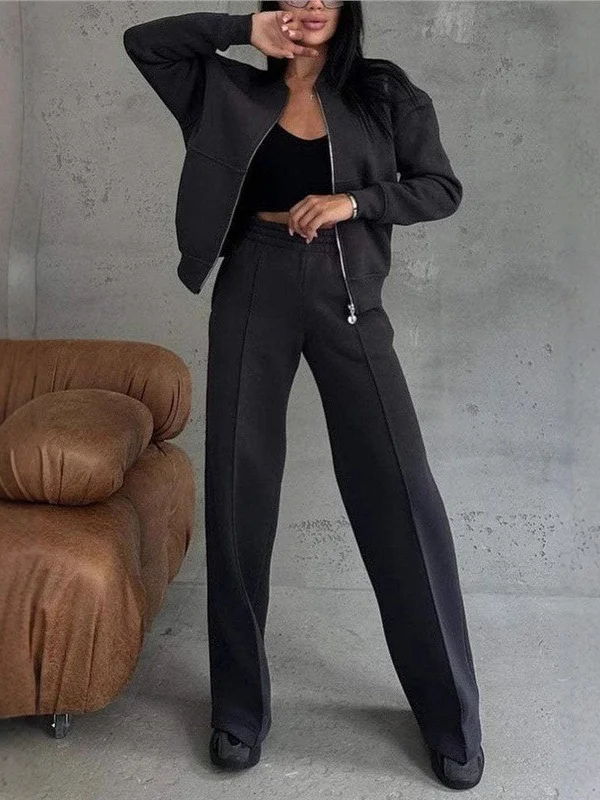 Athvotar Athvotar New Autumn And Winter Women's Casual Zipper Jacket Wide Leg Pants Fashion Set