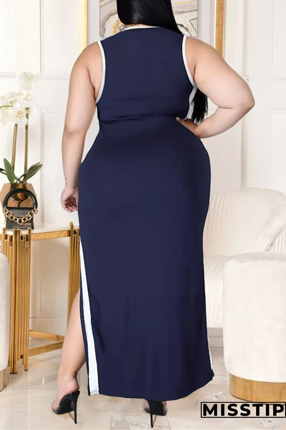 Deep Blue Fashion Casual Patchwork Slit U Neck Vest Dress