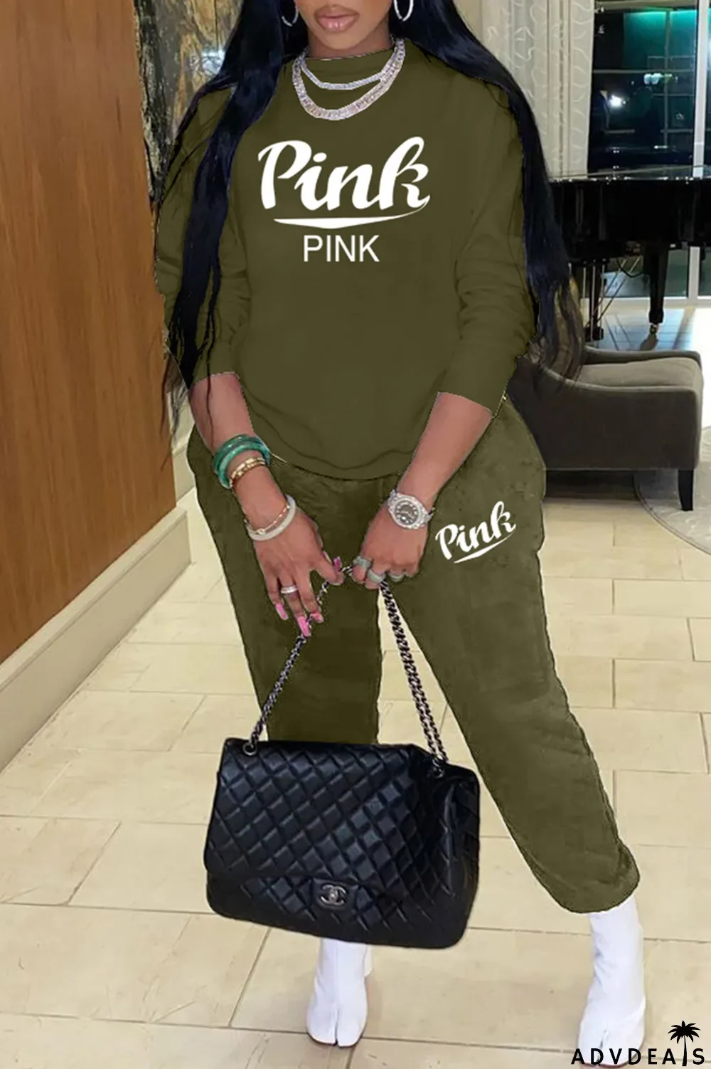 Grey Fashion Casual Letter Print Basic O Neck Long Sleeve Two Pieces