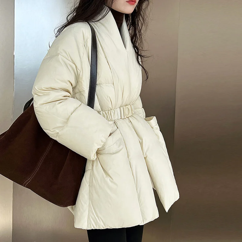 Toloer High Luxury White Duck Down In The Long Down Jacket Female 2024 Winter Fashion Waist Show Thin And Thick V-Neck Coat Tide-Outfit Ideas