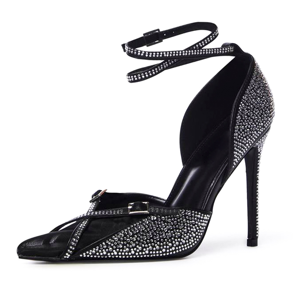 Black Mesh Pointed Toe Splicing Buckle Strappy Rhinestone High Heels Nicepairs