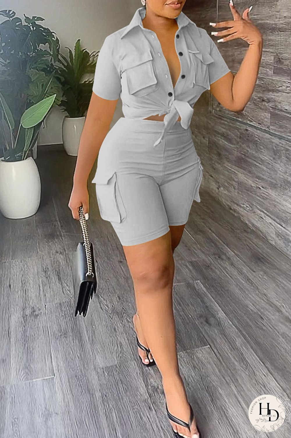 Khaki Casual Solid Bandage Patchwork Pocket Buckle Turndown Collar Short Sleeve Two Pieces