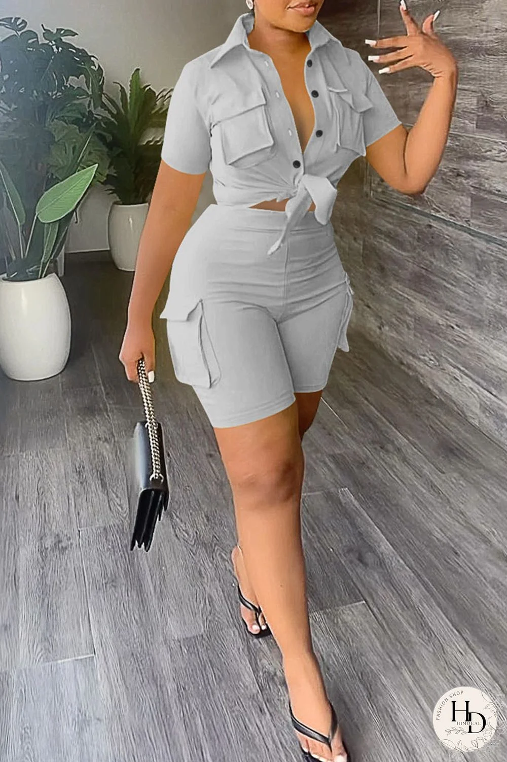 Khaki Casual Solid Bandage Patchwork Pocket Buckle Turndown Collar Short Sleeve Two Pieces