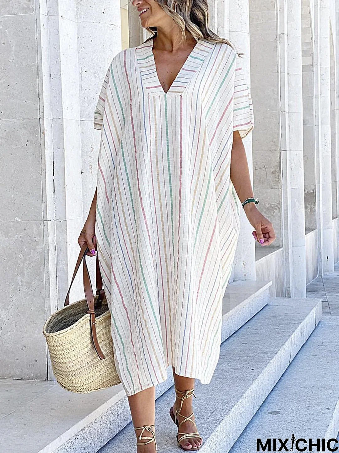 Striped V Neck Short Sleeve Casual Dress