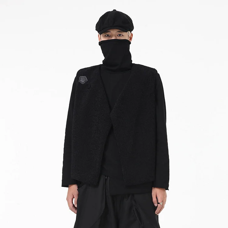 Dawfashion Techwear Streetwear-Original Design Pop Casual Pure Black Sheep Wool Cropped Vest Coat Jackets-Streetfashion-Darkwear-Techwear