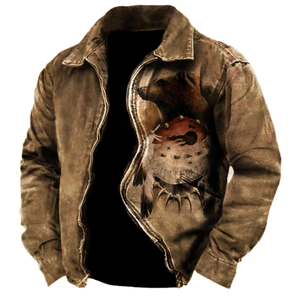 Men's Aboriginal Wolf Pattern Outdoor Khaki Vintage Distressed Print Jacket