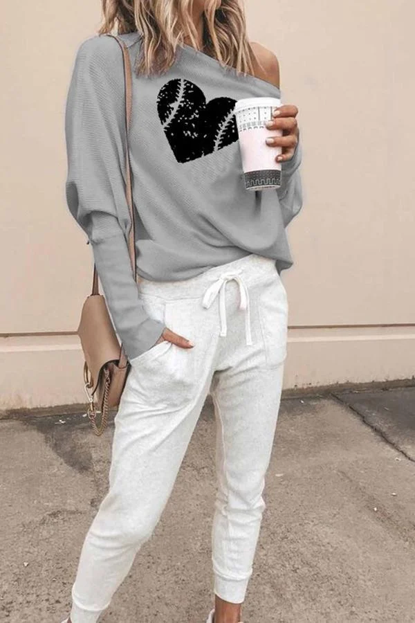 Baseball Print Off Shoulder Sweatshirt-Allyzone-Allyzone