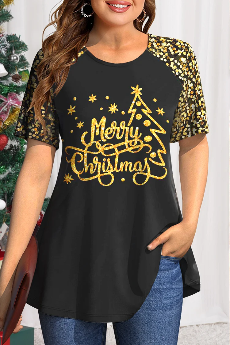 Flycurvy Plus Size Christmas Black Sparkly Sequin Christmas Tree Print Short Sleeve T-Shirt  Flycurvy [product_label]