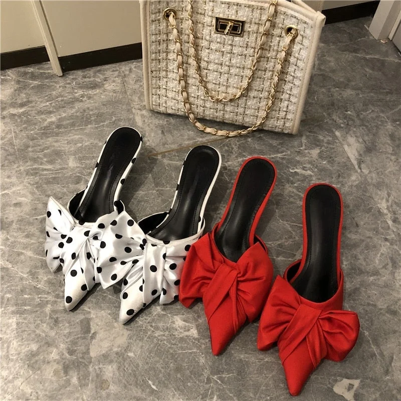 2021 New Spring Slippers Women's Korean-Style Pointed Polka Dot Bow Stiletto Mid-Heel Low Heel Slippers Polka Dot Half Slippers
