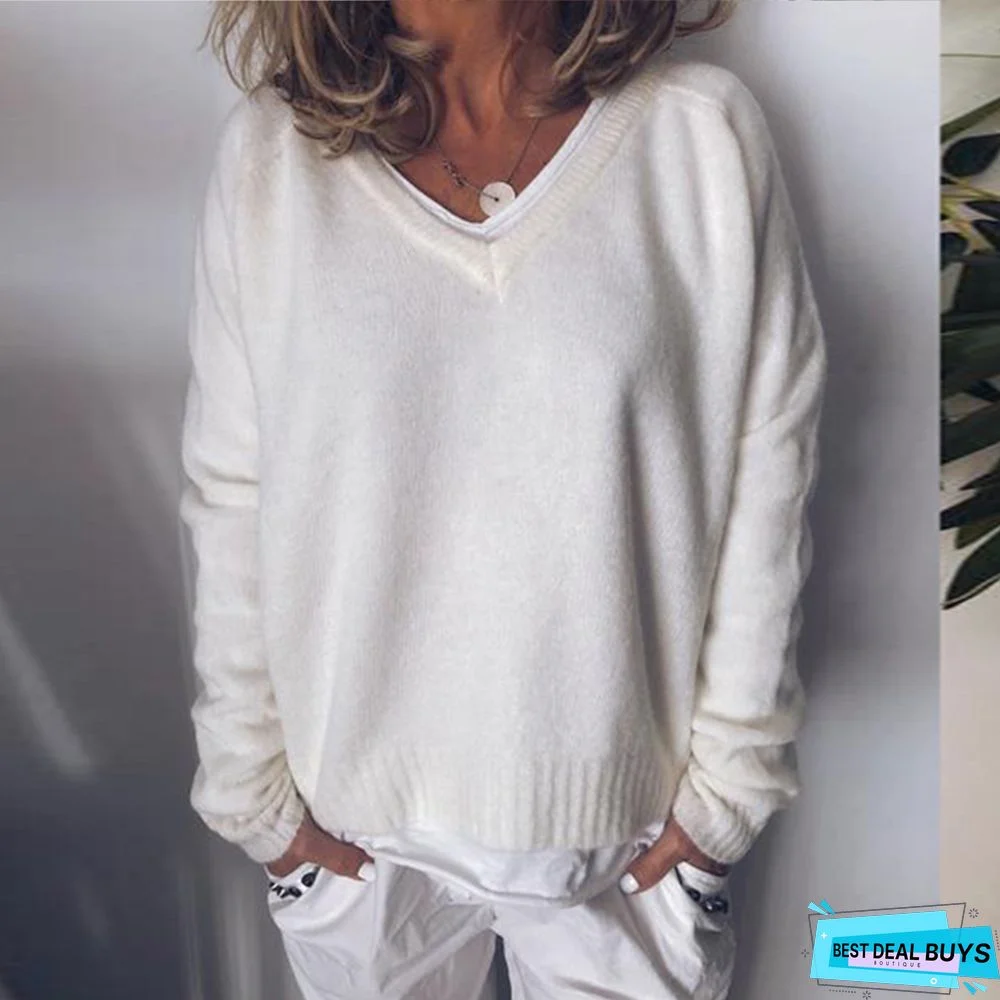 Plus Size Casual V Neck Solid Long Sleeve Sweater