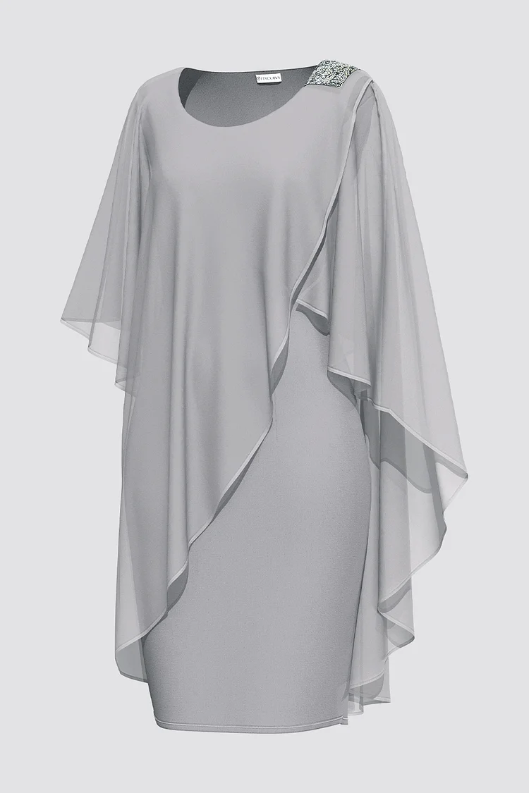 Flycurvy Plus Size Formal Grey Chiffon Asymmetrical Double Layered Beaded Midi Dress  Flycurvy [product_label]