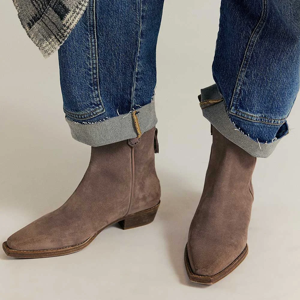 Taupe Vegan Suede Side Tab Back Zipper Western Boots for Women
