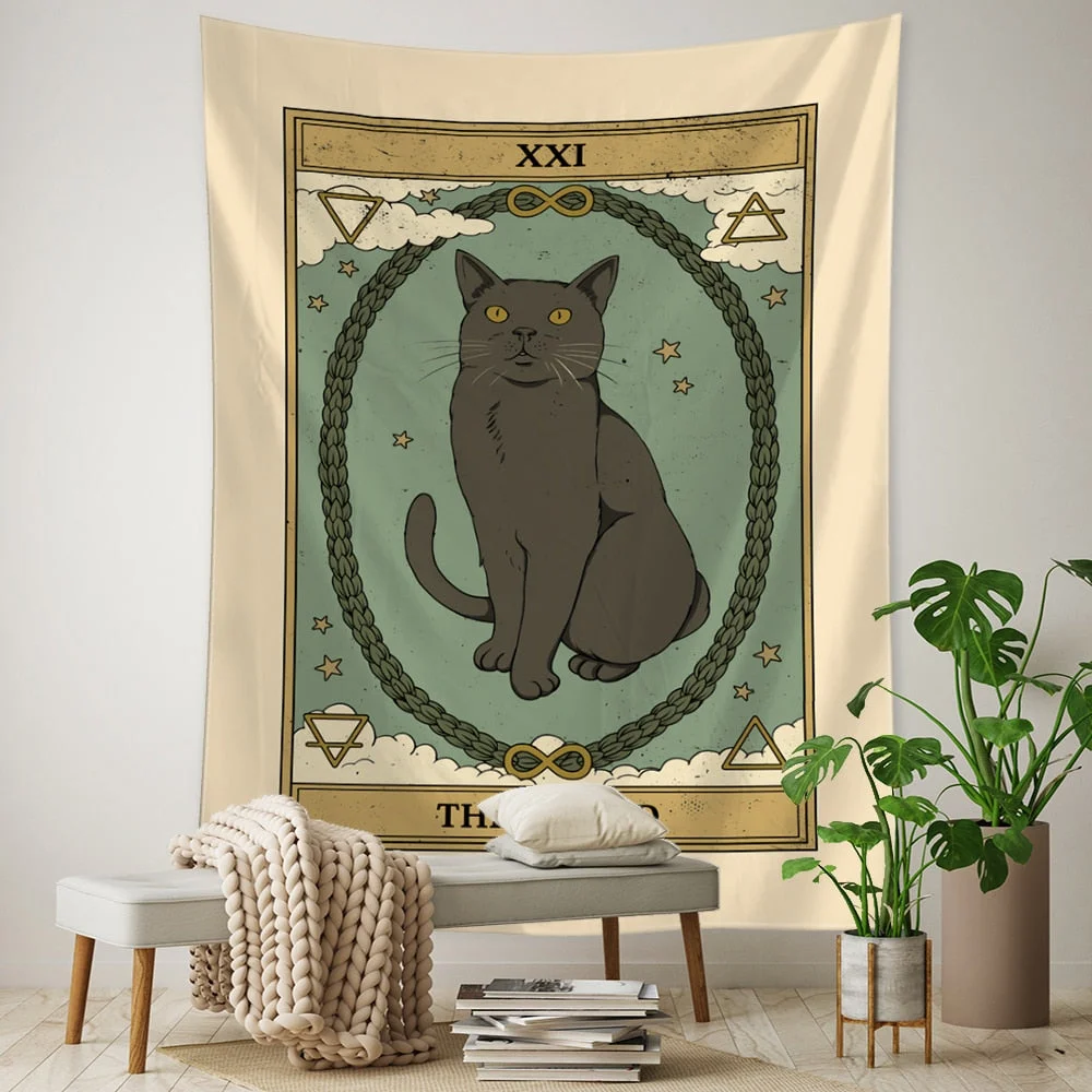 Tarot Card Tapestry Wall Hanging Bohemian Style Cat Mysterious Divination Witchcraft Beach Moon Phases Beautiful Room Decor