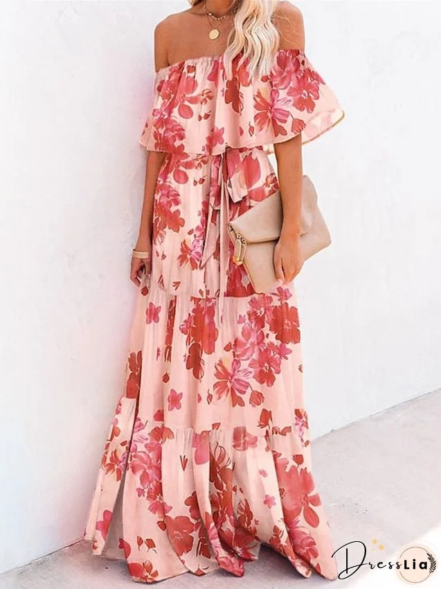 Casual Dress Swing Dress Boho Dress Long Dress Maxi Dress Blue Yellow Red Short Sleeve Floral Lace up Spring Summer Off Shoulder Weekend Loose Fit S M L XL XXL 3XL for Women