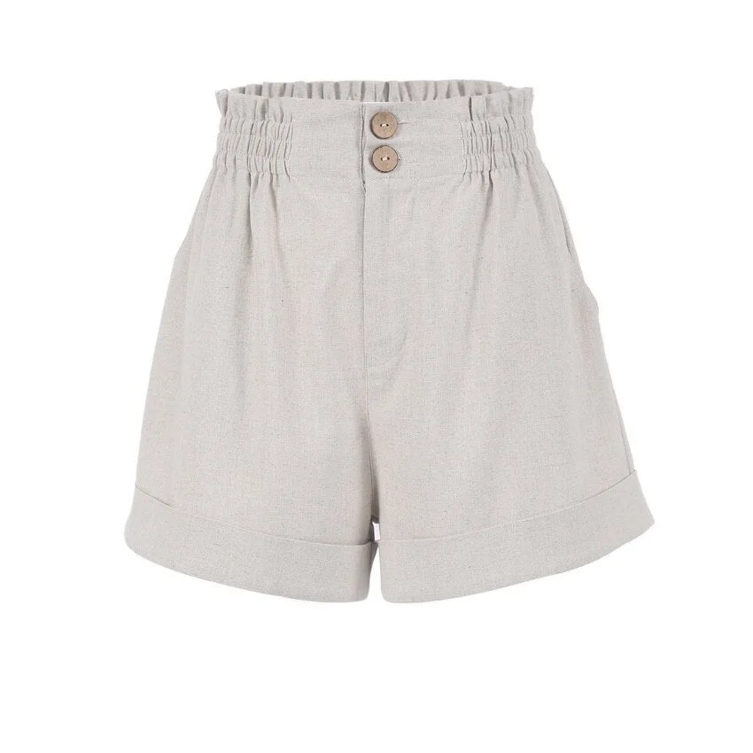 OOTN Cotton Linen Women Shorts High Waist Beige Brief Casual Ruffle Wide Leg Shorts Summer Beach Vacation 2021 Fashion Buttons