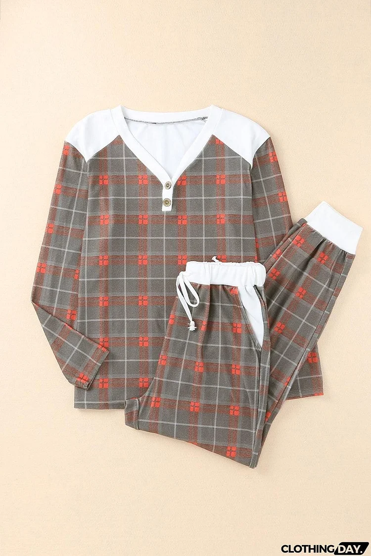 Plaid Contrast Buttoned Top and Pants Loungewear Set