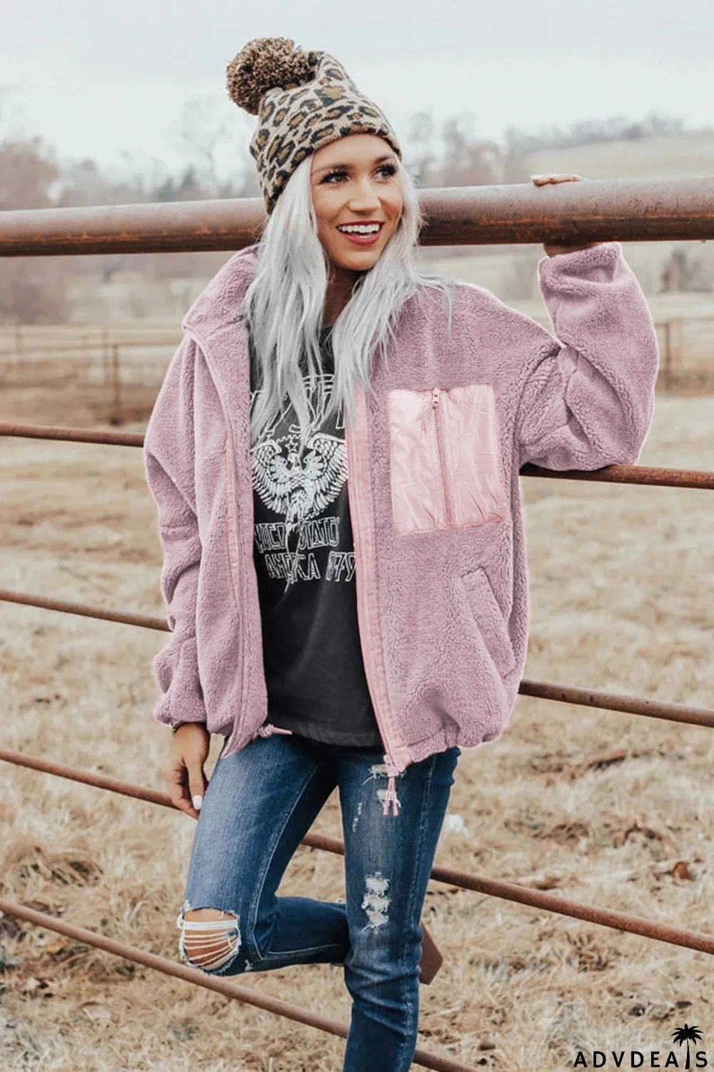 Zip Up Sherpa Coat With Pocket