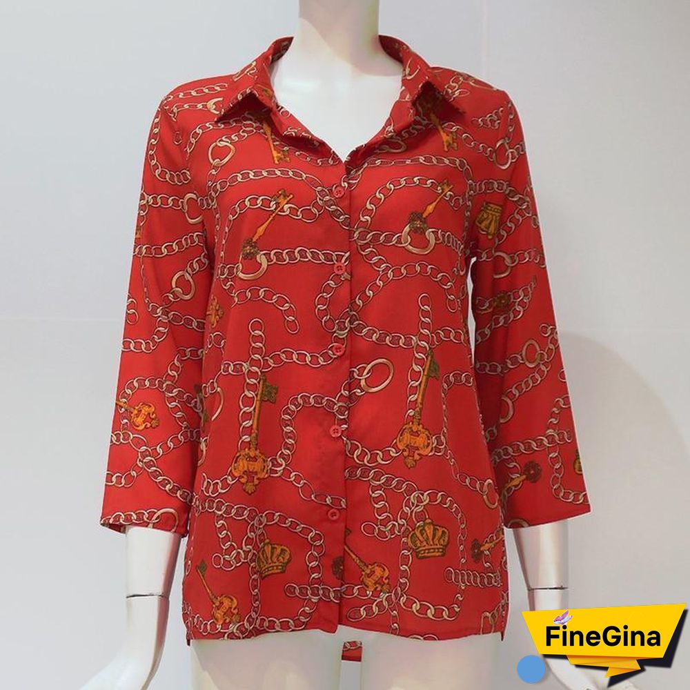 Women Chain Print Vintage Chiffon Blouse Turn-Down Collar Plus Size Loose Tops