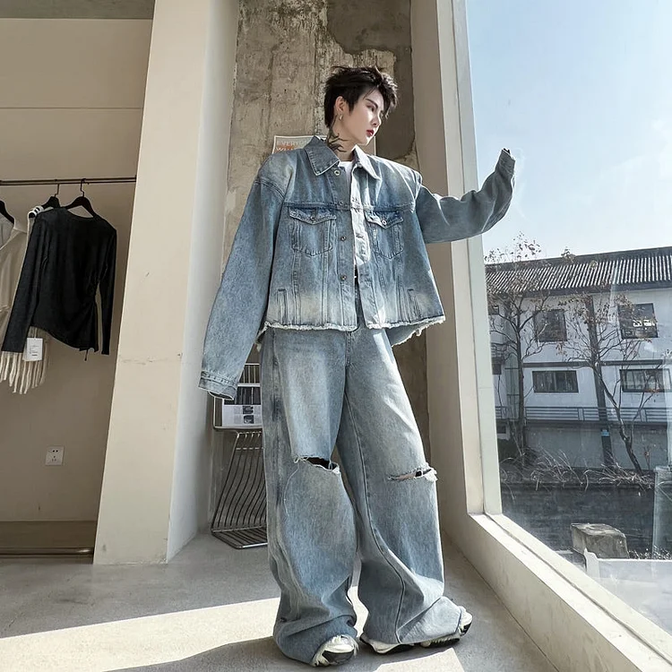 Dawfashion Techwear Streetwear-Spring Gradient Ripped Loose Denim Jacket Set Suits-Streetfashion-Darkwear-Techwear