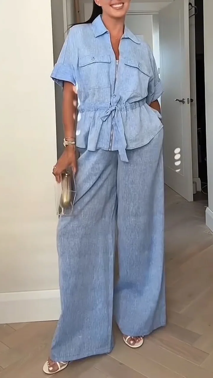 Ladies' Collar and Waist Cinched Top+pants Casual Suit