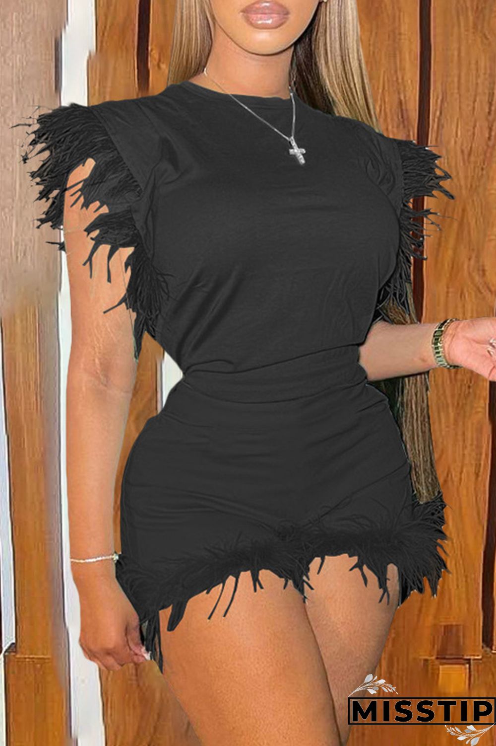 Sky Blue Fashion Casual Solid Patchwork Feathers O Neck Sleeveless Two Pieces