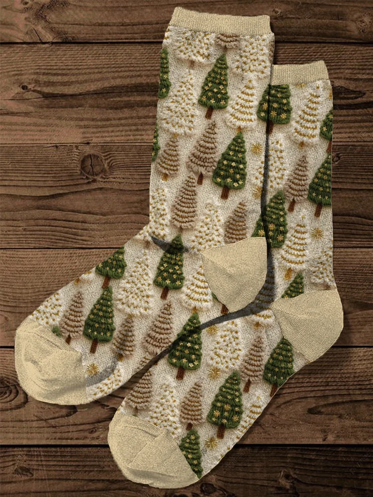 Comstylish Christmas Tree Embroidery Art Casual Cozy Socks