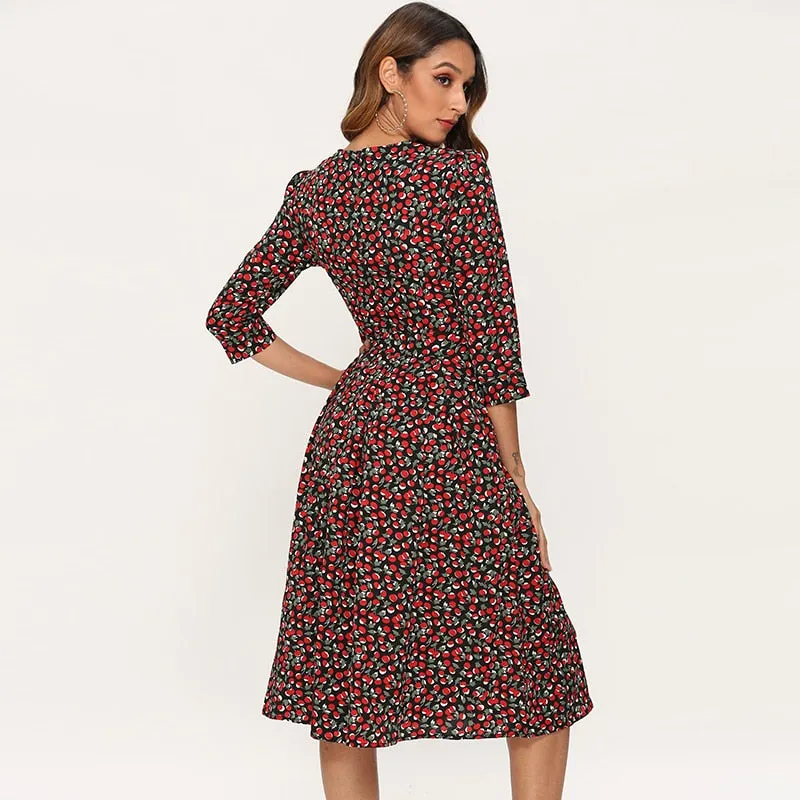 Aachoae Printed Dress For Women 2021 Vintage Three Quarter Sleeve Draped Dress Autumn Round Neck A-line Midi Dresses Vestido