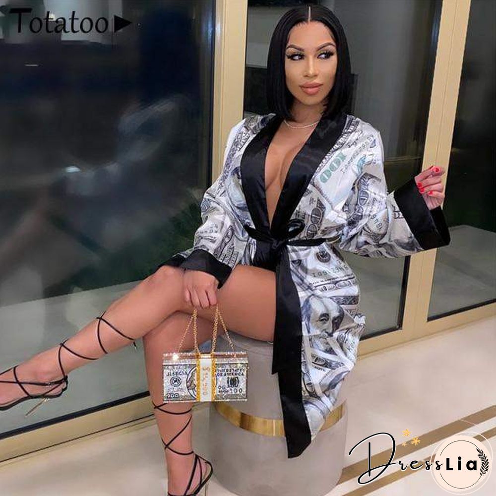 Totatoop Pay My Bills Cover Up Satin Robe Women Long Sleeve Money Print Belt Bandage Dress Sleep Wears Club Party Dresses