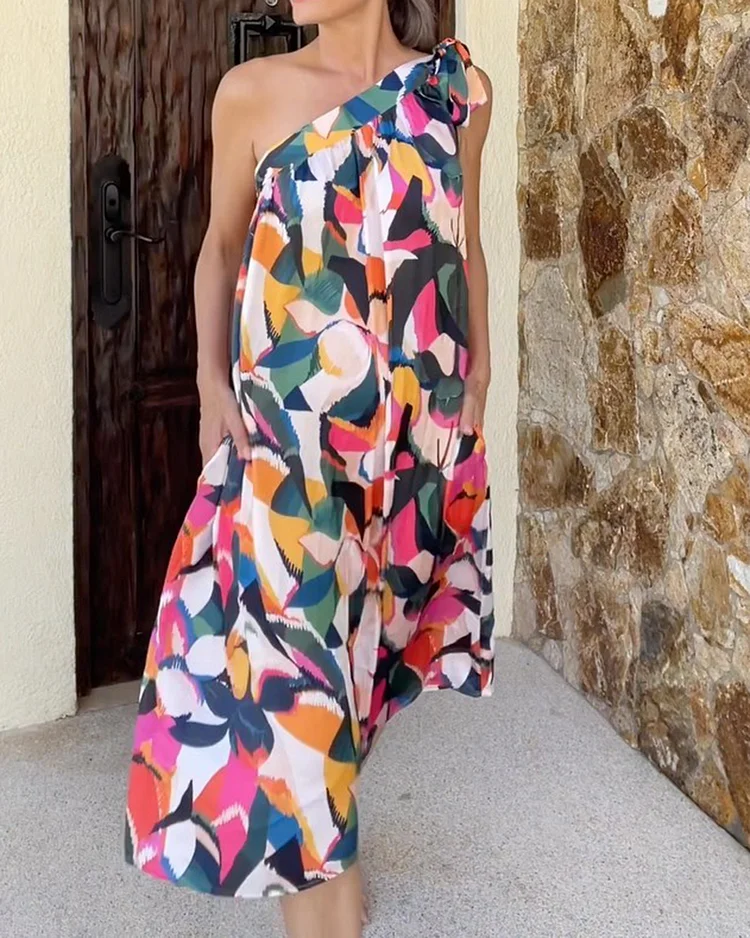 Printed One-shoulder Dress