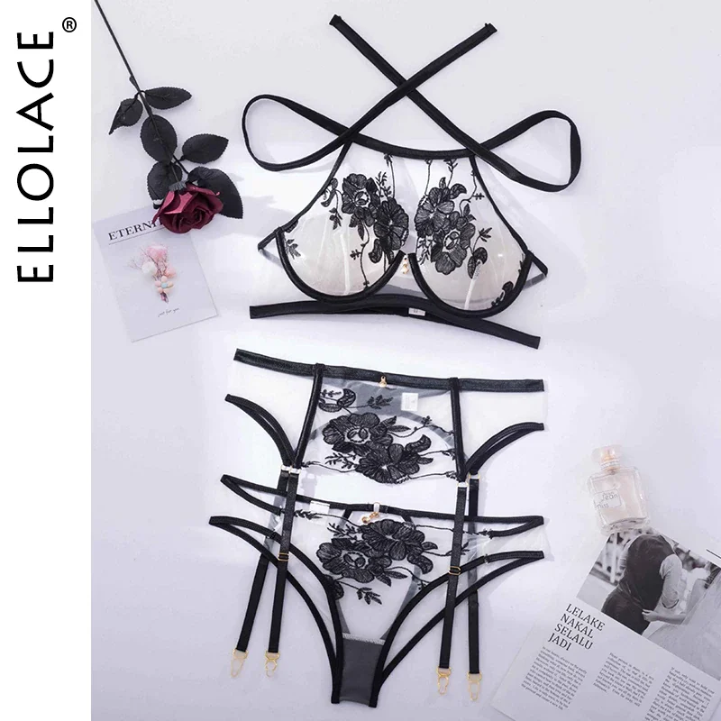 Billionm Ellolace Lingeries Lace Underwear 3-Pieces Sensual Erotic Sets Embroidery Transparent Halter Bra Cut Out Panties Intimate Set