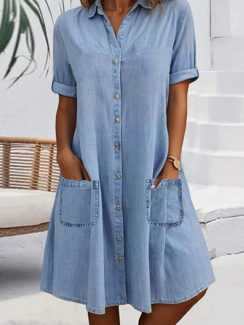 Women's Short Sleeve V-neck Solid Color Buttons Pockets Midi Dress