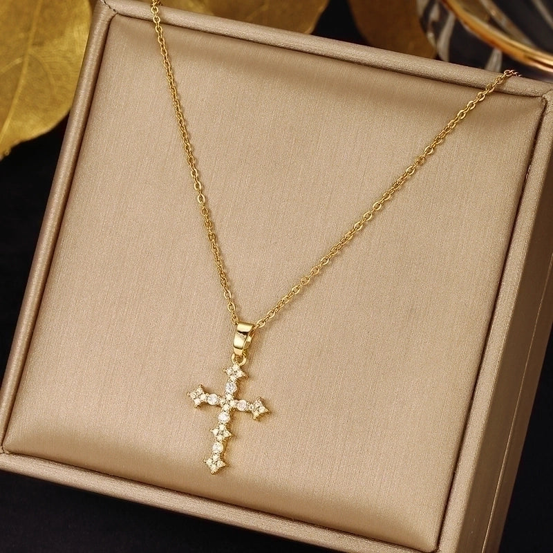 2 Pieces Ethnic Style Cross Stainless Steel Inlay Zircon Pendant Necklace