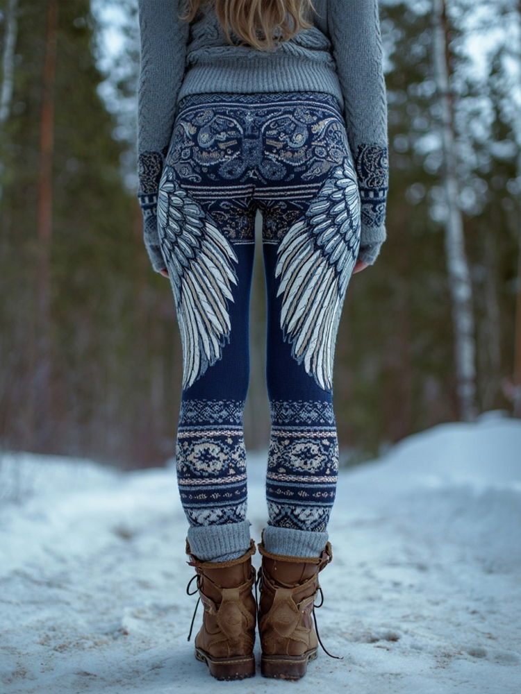 Vintage Viking Inspired Wings Pattern Cozy Knit Leggings elevenforest