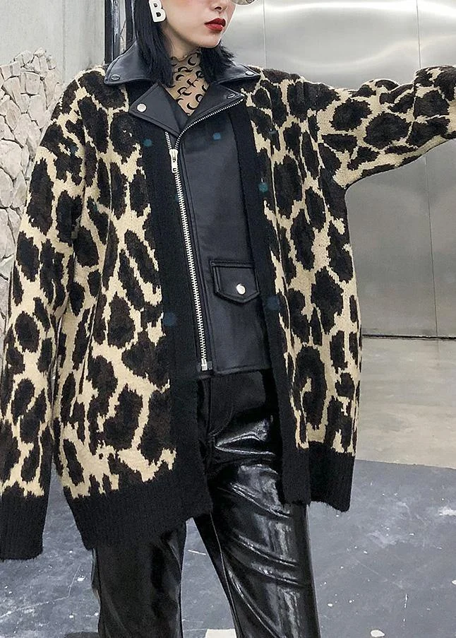 Winter patchwork knit outwear plus size clothing leopard false two pieces knit coats